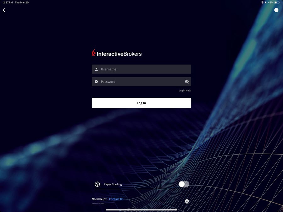 The login page on the iPad
